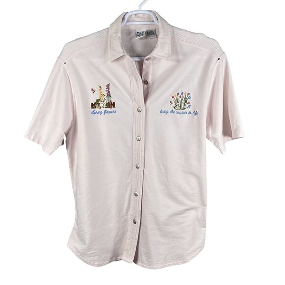 VTG Cotton P.S.I. 2XL Button-Up T-Shirt Embroidered Spring Flowers Easter Bunny - Picture 1 of 16